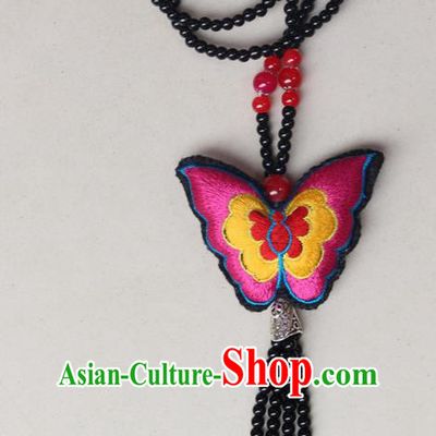 Traditional Chinese Miao Nationality Crafts Jewelry Accessory, Hmong Handmade Black Beads Tassel Double Side Embroidery Butterfly Pendant, Miao Ethnic Minority Necklace Accessories Sweater Chain Pendant for Women