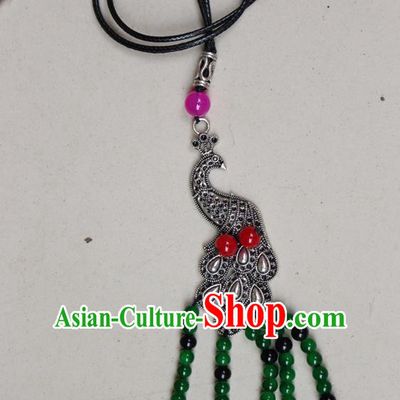 Traditional Chinese Miao Nationality Crafts Jewelry Accessory, Hmong Handmade Miao Silver Peacock Beads Tassel Pendant, Miao Ethnic Minority Black Rope Necklace Accessories Sweater Chain Pendant for Women