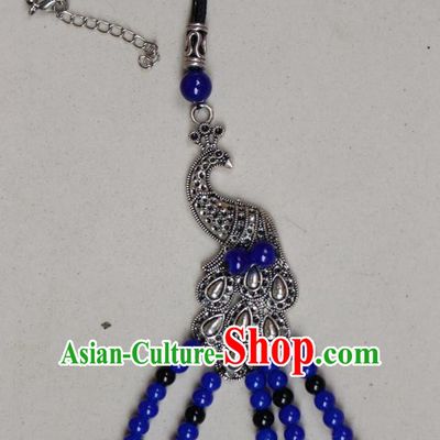 Traditional Chinese Miao Nationality Crafts Jewelry Accessory, Hmong Handmade Miao Silver Peacock Beads Tassel Pendant, Miao Ethnic Minority Black Rope Necklace Accessories Sweater Chain Pendant for Women