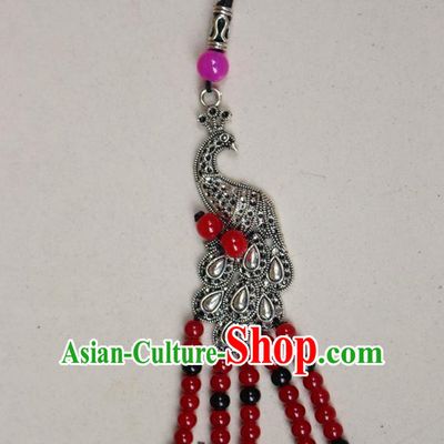 Traditional Chinese Miao Nationality Crafts Jewelry Accessory, Hmong Handmade Miao Silver Peacock Beads Tassel Pendant, Miao Ethnic Minority Black Rope Necklace Accessories Sweater Chain Pendant for Women