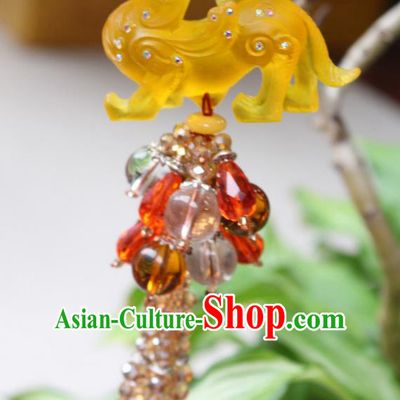 Traditional Chinese Miao Nationality Crafts Jewelry Accessory, Hmong Handmade Tassel Kylin Pendant, Miao Ethnic Minority Haven Evil Car Accessories Pendant for Women