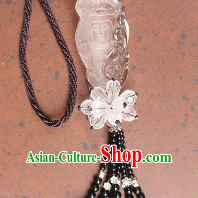 Traditional Chinese Miao Nationality Crafts Jewelry Accessory, Hmong Handmade Tassel Buddha Pendant, Miao Ethnic Minority Haven Evil Car Accessories Pendant for Women