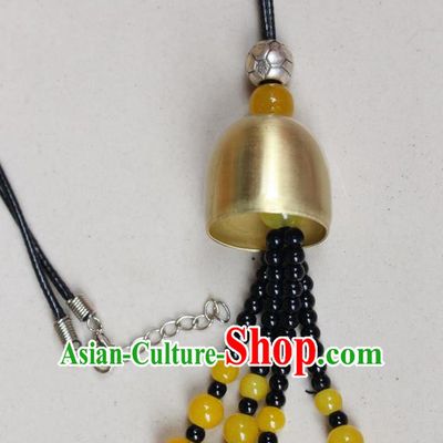 Traditional Chinese Miao Nationality Crafts Jewelry Accessory, Hmong Handmade Copper Bell Beads Tassel Pendant, Miao Ethnic Minority Avoid Evil Necklace Accessories Sweater Chain Pendant for Women