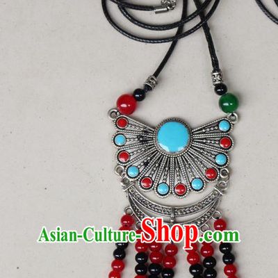 Traditional Chinese Miao Nationality Crafts Jewelry Accessory, Hmong Handmade Miao Silver Beads Tassel Pendant, Miao Ethnic Minority Black Rope Necklace Accessories Sweater Chain Pendant for Women