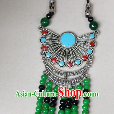 Traditional Chinese Miao Nationality Crafts Jewelry Accessory, Hmong Handmade Miao Silver Beads Tassel Pendant, Miao Ethnic Minority Black Rope Necklace Accessories Sweater Chain Pendant for Women
