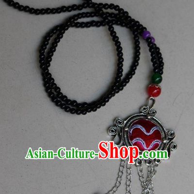 Traditional Chinese Miao Nationality Crafts Jewelry Accessory, Hmong Handmade Miao Silver Bells Tassel Double Side Embroidery Flowers Round Pendant, Miao Ethnic Minority Bells Necklace Accessories Sweater Chain Pendant for Women