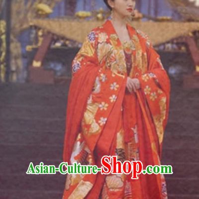 Traditional Ancient Chinese Imperial Empress Wedding Costume, Elegant Hanfu Palace Lady Queen Red Dress, Chinese Tang Dynasty Imperial Empress Tailing Embroidered Phoenix Clothing for Women