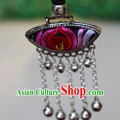 Traditional Chinese Miao Nationality Crafts Jewelry Accessory, Hmong Handmade Miao Silver Bells Tassel Embroidery Flowers Pendant, Miao Ethnic Minority Bells Necklace Accessories Sweater Chain Pendant for Women