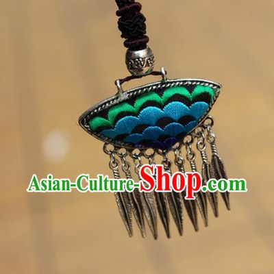 Traditional Chinese Miao Nationality Crafts Jewelry Accessory, Hmong Handmade Miao Silver Tassel Embroidery Flowers Pendant, Miao Ethnic Minority Bells Necklace Accessories Sweater Chain Pendant for Women