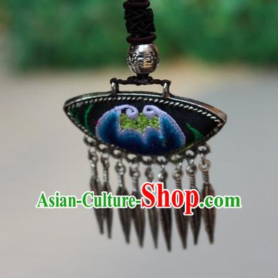 Traditional Chinese Miao Nationality Crafts Jewelry Accessory, Hmong Handmade Miao Silver Tassel Embroidery Flowers Pendant, Miao Ethnic Minority Bells Necklace Accessories Sweater Chain Pendant for Women