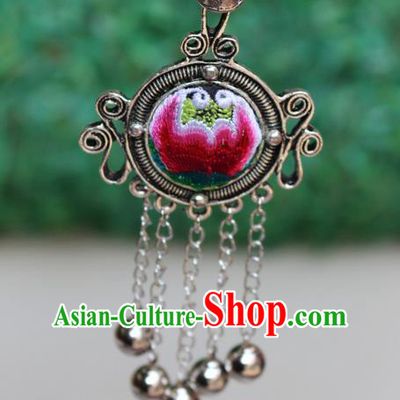 Traditional Chinese Miao Nationality Crafts Jewelry Accessory, Hmong Handmade Miao Silver Bells Tassel Embroidery Flowers Round Pendant, Miao Ethnic Minority Bells Necklace Accessories Sweater Chain Pendant for Women