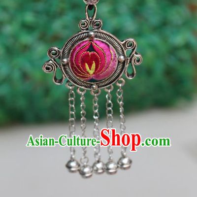 Traditional Chinese Miao Nationality Crafts Jewelry Accessory, Hmong Handmade Miao Silver Bells Tassel Double Side Embroidery Flowers Round Pendant, Miao Ethnic Minority Bells Necklace Accessories Sweater Chain Pendant for Women