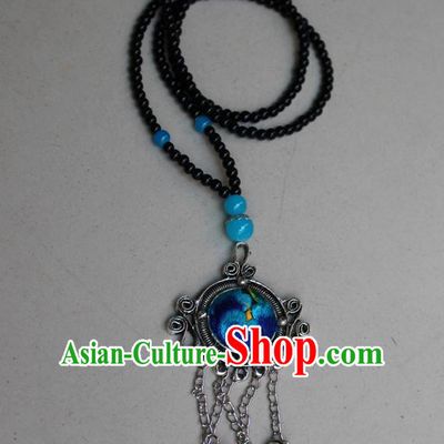 Traditional Chinese Miao Nationality Crafts Jewelry Accessory, Hmong Handmade Miao Silver Bells Tassel Double Side Embroidery Flowers Round Pendant, Miao Ethnic Minority Bells Necklace Accessories Sweater Chain Pendant for Women