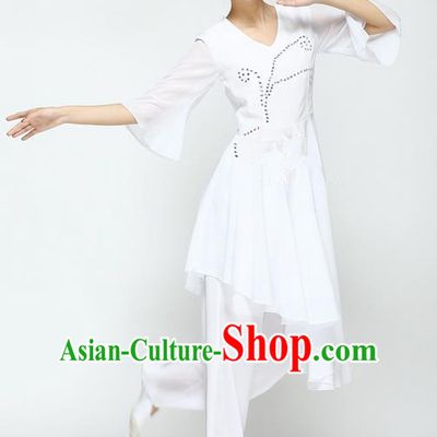Traditional Modern Dancing Compere Costume, Women Opening Classic Chorus Singing Group Dance Dress, Modern Dance Classic Ballet Dance White Paillette Dress for Women