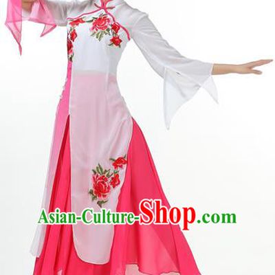 Traditional Chinese Yangge Fan Dancing Costume, Folk Dance Yangko Mandarin Collar Peony Painting Uniforms, Classic Lotus Dance Elegant Big Swing Dress Drum Dance Pink Clothing for Women
