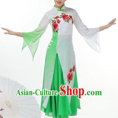 Traditional Chinese Yangge Fan Dancing Costume, Folk Dance Yangko Mandarin Collar Peony Painting Uniforms, Classic Lotus Dance Elegant Big Swing Dress Drum Dance Green Clothing for Women