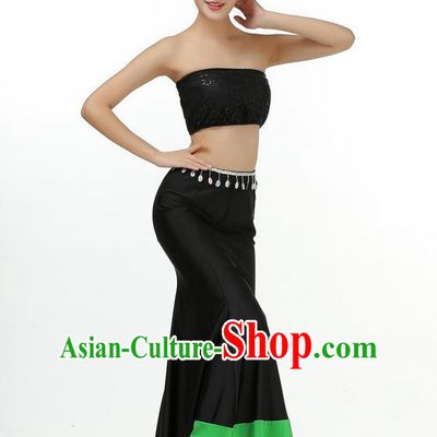 Traditional Chinese Dai Nationality Peacock Dancing Costume, Folk Dance Ethnic Fishtail Dress Palace Princess Uniform, Chinese Minority Nationality Dancing Black Clothing for Women