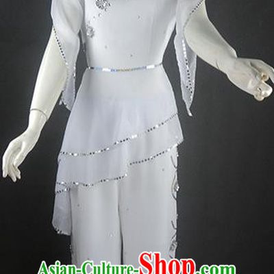 Traditional Chinese Yangge Fan Dancing Costume, Folk Dance Yangko Uniforms, Classic Umbrella Dance Elegant Big Swing Dress Drum Dance White Clothing for Women