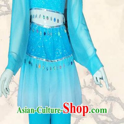 Traditional Chinese Yangge Fan Dancing Costume, Folk Dance Yangko Blouse and Pants Uniforms, Classic Umbrella Dance Elegant Dress Drum Dance Blue Clothing for Women