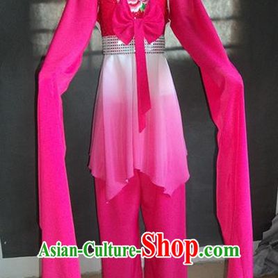 Traditional Chinese Ancient Yangge Fan Dancing Costume, Folk Dance Water Sleeve Uniforms, Classic Tang Dynasty Flying Dance Elegant Fairy Dress Drum Palace Dance Rose Clothing for Women