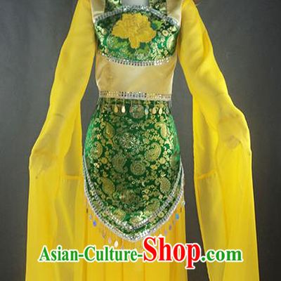 Traditional Chinese Ancient Yangge Fan Dancing Costume, Folk Dance Water Sleeve Uniforms, Classic Tang Dynasty Flying Dance Elegant Fairy Dress Drum Palace Dance Yellow Clothing for Women