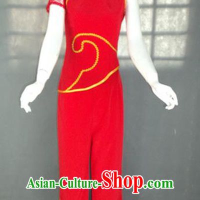 Traditional Chinese Yangge Fan Dancing Costume, Folk Dance Yangko Short Sleeve Uniforms, Classic Umbrella Dance Elegant Dress Drum Dance Red Clothing for Women
