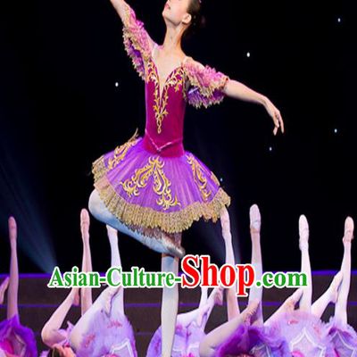 Traditional Modern Dancing Compere Costume, Women Opening Classic Chorus Singing Group Dance Bubble Dress Tu Tu Dancewear, Modern Dance Classic Ballet Dance Purple Veil Dress for Kids