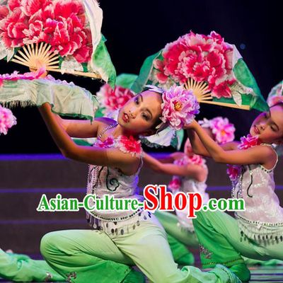 Traditional Chinese Yangge Fan Dancing Costume, Folk Dance Yangko Uniforms, Classic Lotus Dance Elegant Dress Drum Dance Clothing for Kids