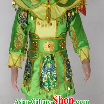 Traditional Chinese Peking Opera KnifeHorseDawn Costume and Hat Complete Set, Folk Dance Yangko Uniforms, Classic Umbrella Dance Elegant Dress Drum Dance Green Clothing for Kids