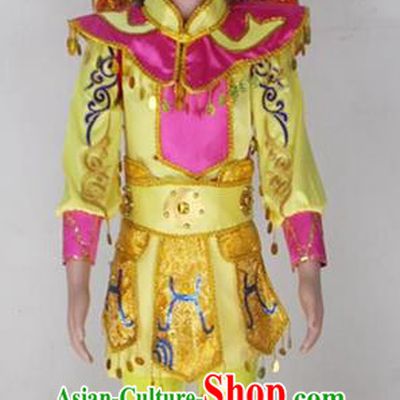 Traditional Chinese Peking Opera KnifeHorseDawn Costume and Hat Complete Set, Chinese Swordsman Children Uniforms, Classic Dance Elegant Dress Drum Dance Yellow Clothing for Kids