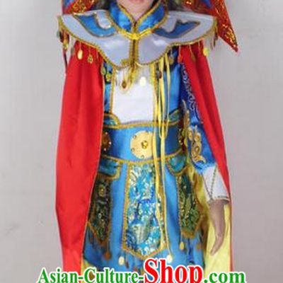Traditional Chinese Peking Opera KnifeHorseDawn Costume and Hat Complete Set, Chinese Swordsman Children Uniforms, Classic Dance Elegant Dress Drum Dance Blue Clothing for Kids
