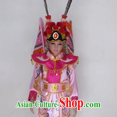 Traditional Chinese Peking Opera KnifeHorseDawn Costume and Hat Complete Set, Chinese Swordsman Children Uniforms, Classic Dance Elegant Dress Drum Dance Pink Clothing for Kids