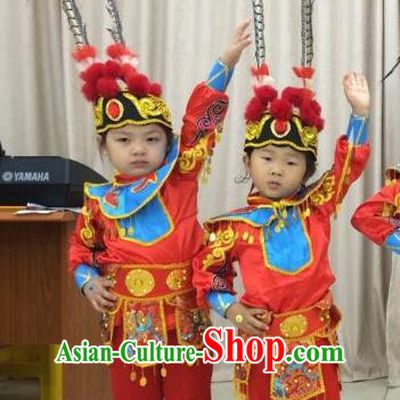 Traditional Chinese Peking Opera KnifeHorseDawn Costume and Hat Complete Set, Chinese Swordsman Children Uniforms, Classic Dance Elegant Dress Drum Dance Red Clothing for Kids