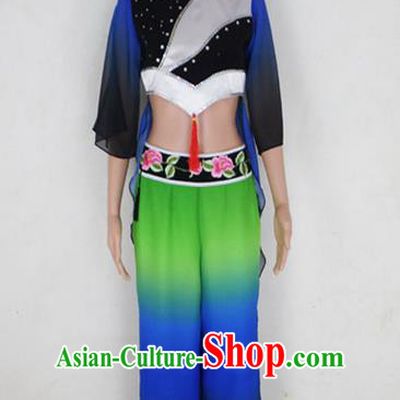 Traditional Chinese Yangge Fan Dancing Costume, Children Folk Dance Yangko Uniforms, Classic Lotus Dance Elegant Dress Drum Dance Blue Clothing for Kids