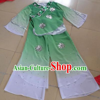 Traditional Chinese Yangge Fan Dancing Costume, Children Folk Dance Yangko Blouse and Pants Uniforms, Classic Lotus Dance Elegant Dress Drum Dance Green Clothing for Kids