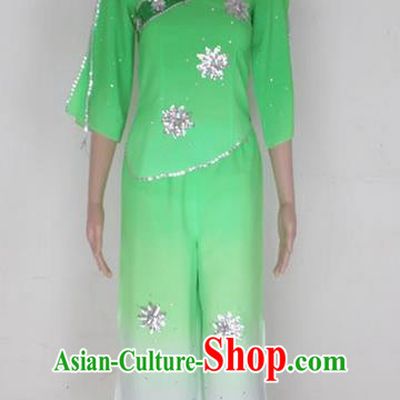 Traditional Chinese Yangge Fan Dancing Costume, Folk Dance Yangko Blouse and Pants Uniforms, Classic Lotus Dance Elegant Dress Drum Dance Green Clothing for Women