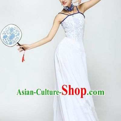 Traditional Chinese Yangge Fan Dancing Costume, Folk Dance Yangko Uniforms, Classic Jasmine Flower Dance Dress Elegant Drum Dance Cheongsam Clothing for Women
