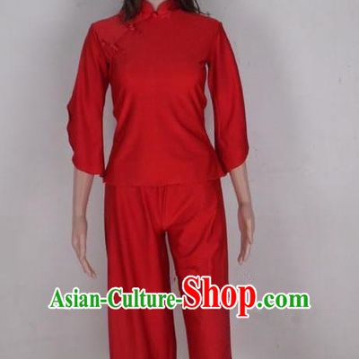 Traditional Chinese Yangge Fan Dancing Costume, Folk Dance Yangko Mandarin Collar Red Blouse and Pants Uniforms, Classic Lotus Dance Elegant Dress Drum Dance Clothing for Women