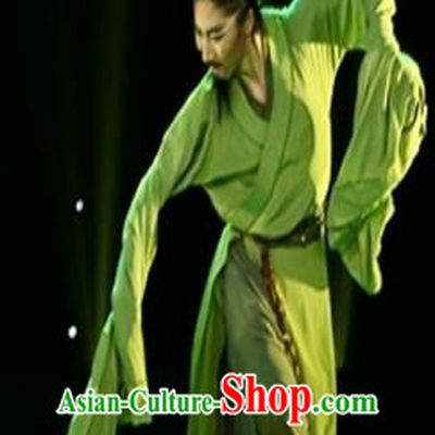Traditional Chinese Ancient Yangge Fan Dancing Costume, Folk Dance Water Sleeve Uniforms, Classic Tang Dynasty Male Dance Elegant Dress Drum Palace Dance Green Clothing for Men