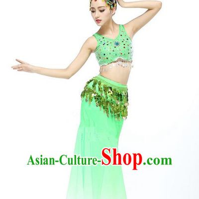Traditional Chinese Dai Nationality Peacock Dancing Costume, Folk Dance Ethnic Fishtail Paillette Dress Palace Princess Uniform, Chinese Minority Nationality Dancing Green Clothing for Women