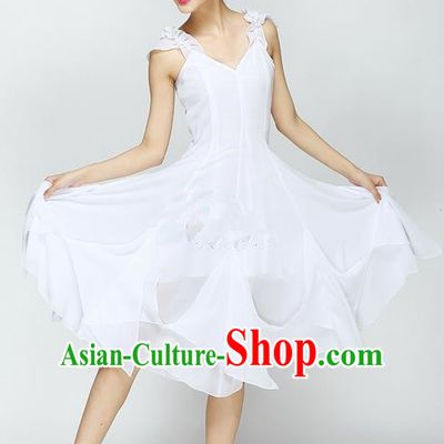 Traditional Chinese Yangge Fan Dancing Costume, Folk Dance Yangko Uniforms, Classic Modern Dance Big Swing White Dress Elegant Drum Dance Clothing for Women
