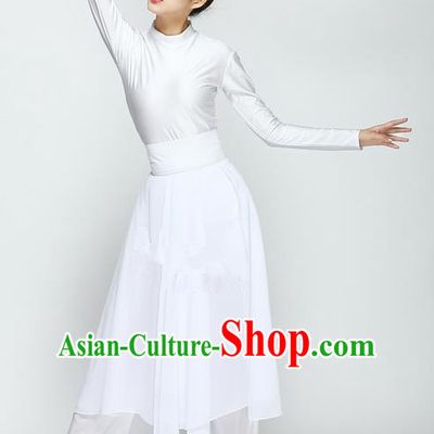 Traditional Chinese Yangge Fan Dancing Costume, Folk Dance Yangko Uniforms, Classic Modern Umbrella Dance Big Swing White Dress Elegant Drum Dance Clothing for Women