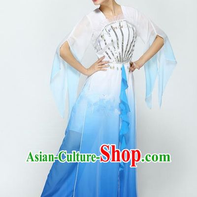 Traditional Chinese Yangge Fan Dancing Costume, Folk Dance Yangko Uniforms, Classic Modern Umbrella Dance Blue Dress Elegant Drum Dance Clothing for Women