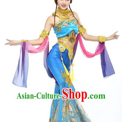Traditional Chinese Ancient Yangge Fan Dancing Costume, Folk Dance Water Sleeve Uniforms, Classic Tang Dynasty Flying Dance Elegant Fairy Dress Drum Palace Dance Blue Embroidered Clothing for Women