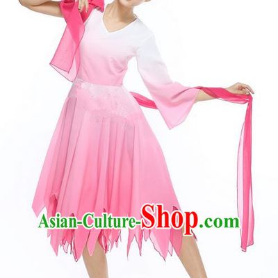 Traditional Chinese Yangge Fan Dancing Costume, Folk Dance Yangko Uniforms, Classic Jasmine Flower Dance Big Swing Pink Dress Elegant Drum Dance Clothing for Women