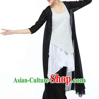Traditional Modern Dancing Compere Costume, Female Opening Classic Chorus Singing Group Dance Black Cloak and Blouse and Pants Dancewear, Modern Dance Classic Ballet Dance Elegant Clothing for Women