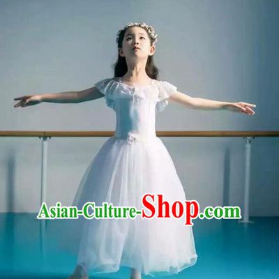 Traditional Modern Dancing Costume, Children Opening Classic Chorus Singing Group Dance Bubble Dress, Modern Dance Classic Ballet Dance White Veil Dress for Kids