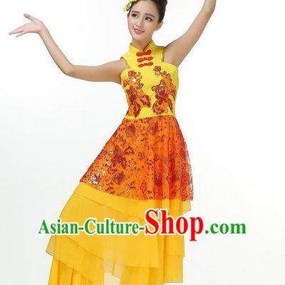 Traditional Chinese Yangge Fan Dancing Costume, Folk Dance Yangko Mandarin Sleeve Dress and Pants Butterfly Uniforms, Classic Lotus Dance Elegant Dress Drum Dance Gold Clothing for Women