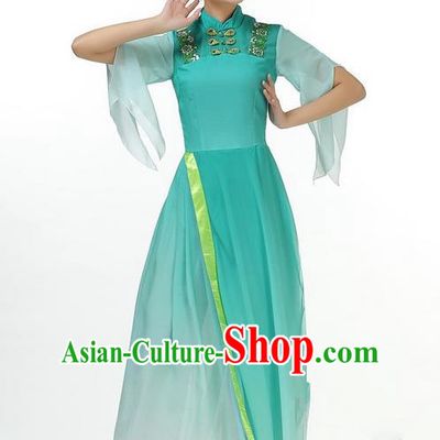 Traditional Chinese Yangge Fan Dancing Costume, Folk Dance Yangko Mandarin Sleeve Dress and Pants Butterfly Uniforms, Classic Lotus Dance Elegant Dress Drum Dance Green Clothing for Women