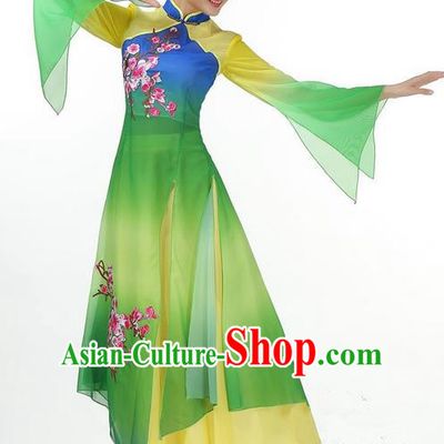 Traditional Chinese Yangge Fan Dancing Costume, Folk Dance Yangko Mandarin Sleeve Dress and Pants Plum Blossom Uniforms, Classic Umbrella Dance Elegant Dress Drum Dance Green Clothing for Women